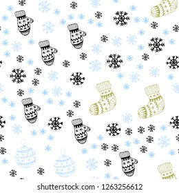 Light Blue, Yellow vector seamless template with ice snowflakes, balls, socks, mittens. Colorful xmas elements with gradient. Pattern for trendy fabric, wallpapers.