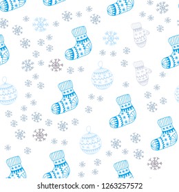 Light Blue, Yellow vector seamless template with ice snowflakes, balls, socks, mittens. Colorful illustration with xmas symbols. Pattern for trendy fabric, wallpapers.