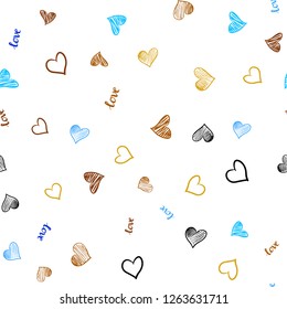Light Blue, Yellow vector seamless background with words of love, hearts. Illustration with phrase LOVE YOU, hearts for valentine's day. Template for business cards, websites.