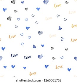 Light Blue, Yellow vector seamless cover with quote LOVE , hearts. Design in doodle style with text LOVE , hearts. Design for wallpaper, fabric makers.