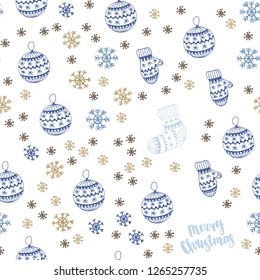 Light Blue, Yellow vector seamless template with ice snowflakes, balls, socks, mittens. Modern geometric abstract illustration. Pattern for design of fabric, wallpapers.