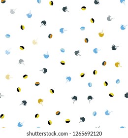 Light Blue, Yellow vector seamless cover with set of coffee beans. Glitter abstract backdrop with gradient mugs, coffee grains. Doodle design for your business advert of cafes.