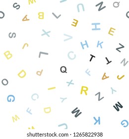 Light Blue, Yellow vector seamless layout with latin alphabet. Modern geometrical illustration with ABC english symbols. Pattern for design of fabric, wallpapers.