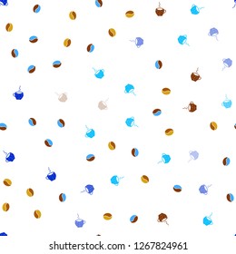 Light Blue, Yellow vector seamless template with cups of coffee, beans. Gradient abstract collection of coffee cups and beans. Pattern for ads of breakfast, lunch, dinner.