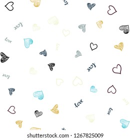 Light Blue, Yellow vector seamless texture with words LOVE YOU, hearts. Colorful illustration with quote LOVE YOU, hearts. Pattern for design of fabric, wallpapers.