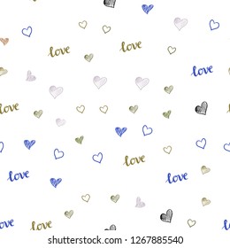 Light Blue, Yellow vector seamless pattern with phrase LOVE YOU, hearts. Colorful illustration with quote LOVE YOU, hearts. Design for textile, fabric, wallpapers.