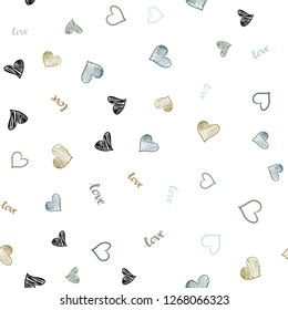 Light Blue, Yellow vector seamless background with words of love, hearts. Illustration with words of love, hearts in abstract style. Design for wallpaper, fabric makers.