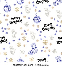 Light Blue, Yellow vector seamless pattern with christmas snowflakes, balls, socks, mittens. Colorful decorative design in xmas style. Pattern for design of fabric, wallpapers.