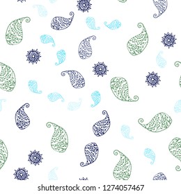 Light Blue, Yellow vector seamless doodle background with leaves and flowers. Leaves and flowers with gradient on white background. Texture for window blinds, curtains.