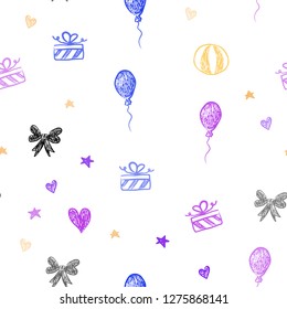 Light Blue, Yellow vector seamless backdrop in holiday style. Colorful illustration with aheart, baloon, candy, gift, star, ribbon. Design for holiday adverts.