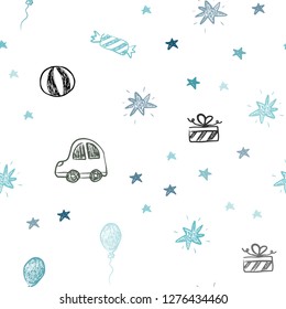 Light Blue, Yellow vector seamless layout in new year style. Illustration with a colorful toy car, baloon, candy, star, ball. Pattern for carnival, festival ads.