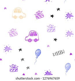 Light Blue, Yellow vector seamless backdrop in holiday style. Illustration with a colorful toy car, baloon, candy, star, ball. Pattern for new year ads.