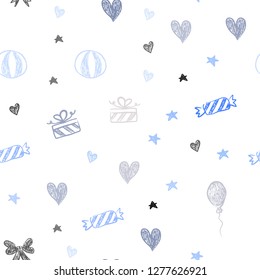 Light Blue, Yellow vector seamless layout in new year style. Illustration with a gradientheart, baloon, candy, gift, star, ribbon. Template for new year postcards.