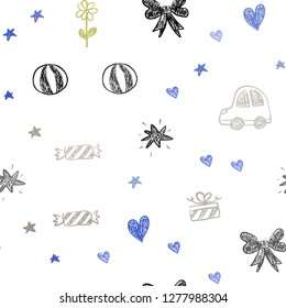 Light Blue, Yellow vector seamless pattern with christmas toys. Illustration with a colorful toy car, heart, baloon, tulip, candy, ball. Pattern for new year ads.