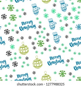 Light Blue, Yellow vector seamless pattern with christmas snowflakes, balls, socks, mittens. Colorful decorative design in xmas style. Template for business cards, websites.