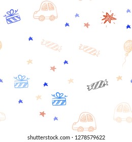 Light Blue, Yellow vector seamless background in xmas style. Colorful illustration with a toy car, baloon, candy, star, ball. Pattern for birthday gifts.