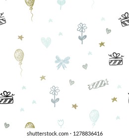 Light Blue, Yellow vector seamless backdrop in holiday style. Design in xmas style with aheart, baloon, candy, gift, star, ribbon. Template for new year postcards.