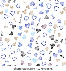 Light Blue, Yellow vector seamless backdrop with phrase LOVE YOU, hearts. Design in doodle style with text LOVE YOU, hearts. Pattern for design of fabric, wallpapers.