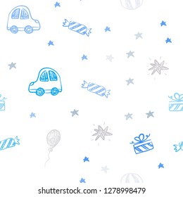 Light Blue, Yellow vector seamless template in carnival style. Colorful illustration with a toy car, baloon, candy, star, ball. Pattern for birthday gifts.