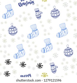Light Blue, Yellow vector seamless pattern with christmas snowflakes, balls, socks, mittens. Glitter abstract illustration with gradient. Design for wallpaper, fabric makers.