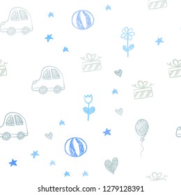 Light Blue, Yellow vector seamless template with carnival elements. Design in xmas style with a toy car, heart, baloon, tulip, candy, ball. Design for colorful commercials.