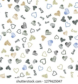 Light Blue, Yellow vector seamless cover with quote LOVE YOU, hearts. Romantic illustration with colorful phrase LOVE YOU, hearts. Design for textile, fabric, wallpapers.