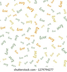 Light Blue, Yellow vector seamless template with text LOVE  . Illustration with colorful phrase LOVE  in romantic style. Template for business cards, websites.