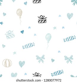 Light Blue, Yellow vector seamless backdrop in holiday style. Colorful illustration with aheart, baloon, candy, gift, star, ribbon. Template for new year postcards.
