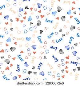 Light Blue, Yellow vector seamless cover with quote LOVE YOU, hearts. Design in doodle style with text LOVE YOU, hearts. Pattern for trendy fabric, wallpapers.