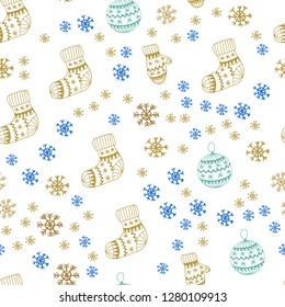 Light Blue, Yellow vector seamless cover with beautiful snowflakes, balls, socks, mittens. Colorful xmas elements with gradient. Texture for window blinds, curtains.