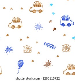 Light Blue, Yellow vector seamless pattern in christmas style. Abstract illustration with a toy car, baloon, candy, star, ball. Pattern for carnival, festival ads.