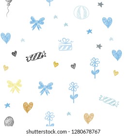 Light Blue, Yellow vector seamless template in carnival style. Shining illustration with aheart, baloon, candy, gift, star, ribbon. Pattern for carnival, festival ads.