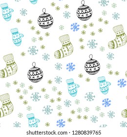 Light Blue, Yellow vector seamless template with ice snowflakes, balls, socks, mittens. Colorful xmas elements with gradient. Template for business cards, websites.