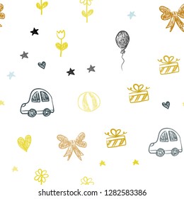 Light Blue, Yellow vector seamless pattern with christmas toys. Abstract illustration with a toy car, heart, baloon, tulip, candy, ball. Pattern for carnival, festival ads.