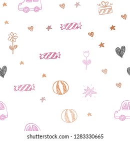 Light Blue, Yellow vector seamless backdrop with holiday gifts. Illustration with a gradient toy car, heart, baloon, tulip, candy, ball. Pattern for birthday gifts.