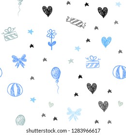 Light Blue, Yellow vector seamless template in carnival style. Abstract illustration with aheart, baloon, candy, gift, star, ribbon. Pattern for new year ads.