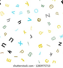 Light Blue, Yellow vector seamless background with signs of alphabet. Colored alphabet signs with gradient on white background. Pattern for design of fabric, wallpapers.