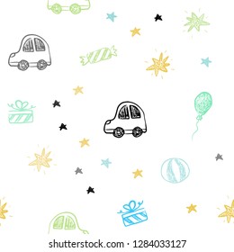 Light Blue, Yellow vector seamless template in carnival style. Colorful illustration with a toy car, baloon, candy, star, ball. Design for holiday adverts.