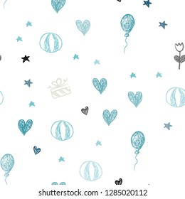 Light Blue, Yellow vector seamless background in xmas style. Illustration with a gradientheart, baloon, candy, gift, star, ribbon. Pattern for new year ads.