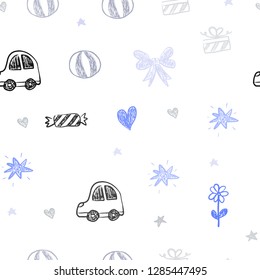 Light Blue, Yellow vector seamless background with xmas attributes. Design in xmas style with a toy car, heart, baloon, tulip, candy, ball. Design for holiday adverts.