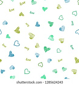 Light Blue, Yellow vector seamless template with text LOVE YOU, hearts. Colorful gradient phrase LOVE YOU, hearts in abstract style. Pattern for design of fabric, wallpapers.