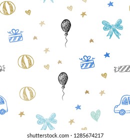 Light Blue, Yellow vector seamless texture with birthday gifts. Illustration with a gradient toy car, heart, baloon, tulip, candy, ball. Pattern for birthday gifts.