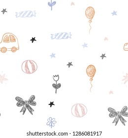 Light Blue, Yellow vector seamless backdrop with holiday gifts. Shining illustration with a toy car, heart, baloon, tulip, candy, ball. Pattern for new year ads.