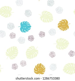 Light Blue, Yellow vector seamless doodle pattern with flowers, leaves. Sketchy doodles on white background. Template for business cards, websites.