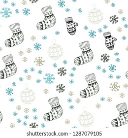 Light Blue, Yellow vector seamless template with ice snowflakes, balls, socks, mittens. Colorful xmas elements with gradient. Template for business cards, websites.