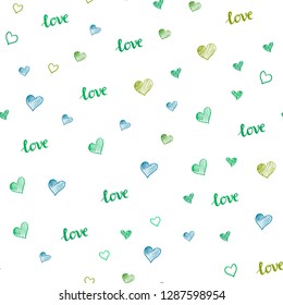 Light Blue, Yellow vector seamless texture with words LOVE YOU, hearts. Illustration with words of love, hearts in abstract style. Pattern for trendy fabric, wallpapers.
