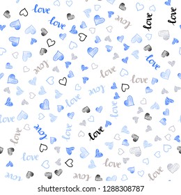 Light Blue, Yellow vector seamless background with words of love, hearts. Colorful gradient phrase LOVE YOU, hearts in abstract style. Template for business cards, websites.
