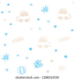 Light Blue, Yellow vector seamless layout in new year style. Illustration with a colorful toy car, baloon, candy, star, ball. Pattern for carnival, festival ads.