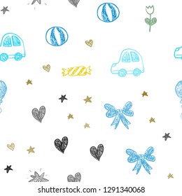 Light Blue, Yellow vector seamless template with carnival elements. Design in xmas style with a toy car, heart, baloon, tulip, candy, ball. Pattern for carnival, festival ads.