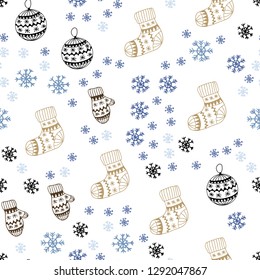Light Blue, Yellow vector seamless background with xmas snowflakes, balls, socks, mittens. Shining colorful illustration in christmas style. Design for textile, fabric, wallpapers.